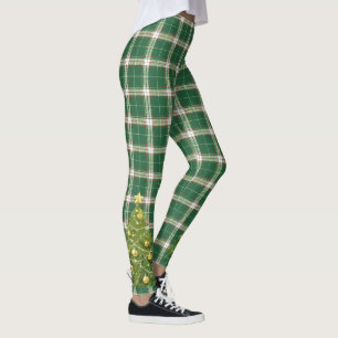 Christmas Plaid White, Green with Tree Leggings