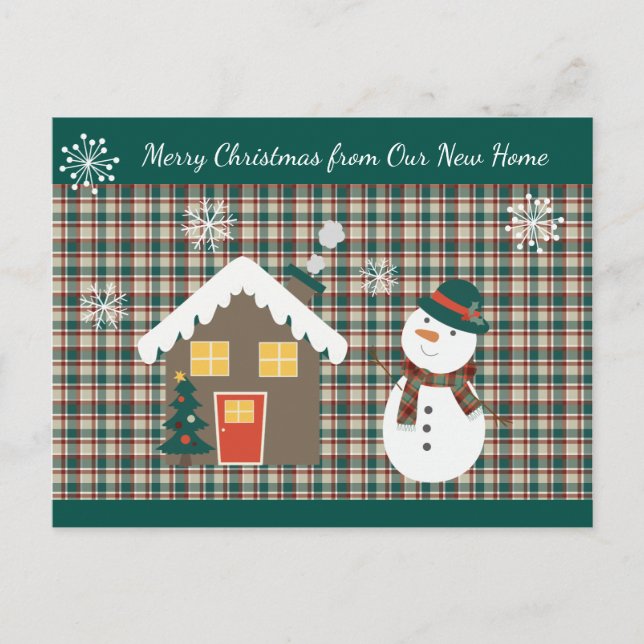 Christmas Plaid with Cute Snowman New Home Announcement Postcard (Front)