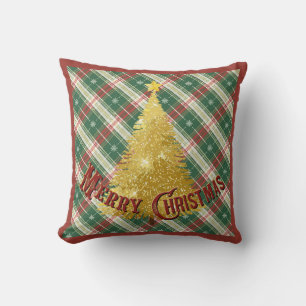 Christmas Plaid with Gold Tree Throw Pillow