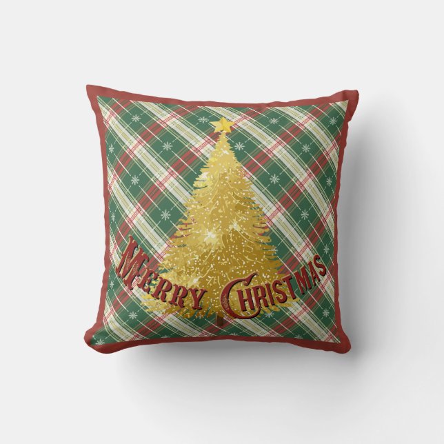 Christmas Plaid with Gold Tree Throw Pillow (Front)