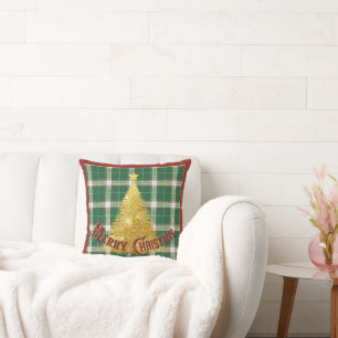 Christmas Plaid with Gold Tree Throw Pillow