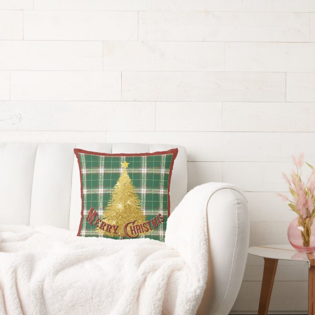 Christmas Plaid with Gold Tree Throw Pillow (Couch)