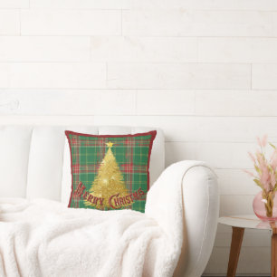 Christmas Plaid with Gold Tree Throw Pillow