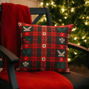 Christmas Plaid with Snowflakes & Evergreen Outdoor Pillow
