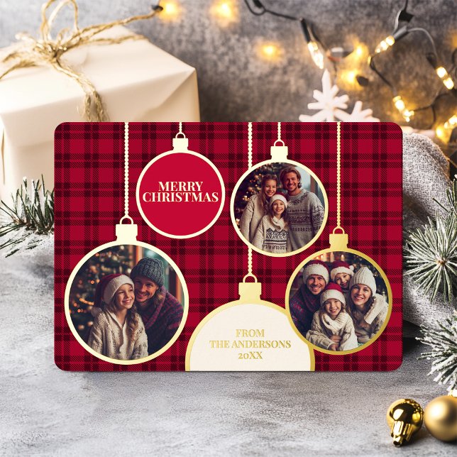 Christmas Plaids Family Photo Foil Red Holiday Card (Christmas Plaids Family Photo Foil Red Foil Holiday Card)