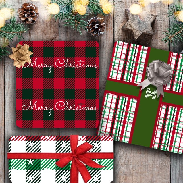 Christmas Plaids Pattern & Custom Monogram Wrapping Paper Sheets (Creator Uploaded)