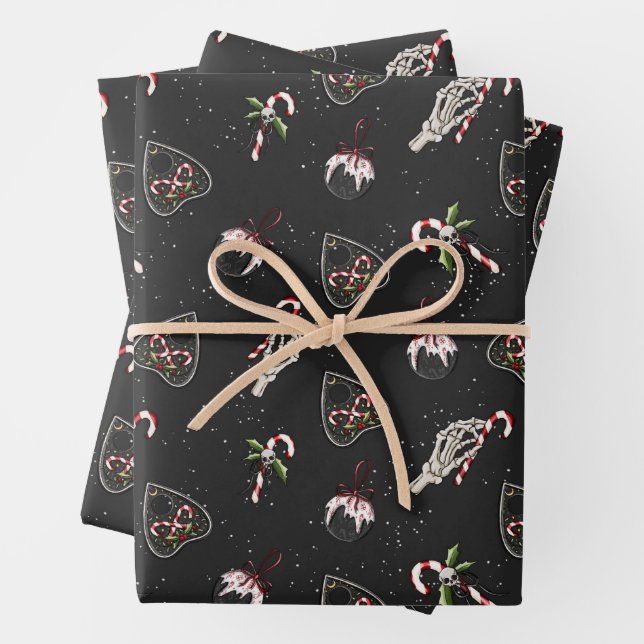Christmas Planchette & Skeleton Hand Candy Cane Wrapping Paper Sheets (In situ)