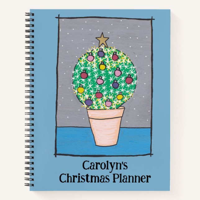 Christmas planner, fat cactus in pot, personalized notebook (Front)