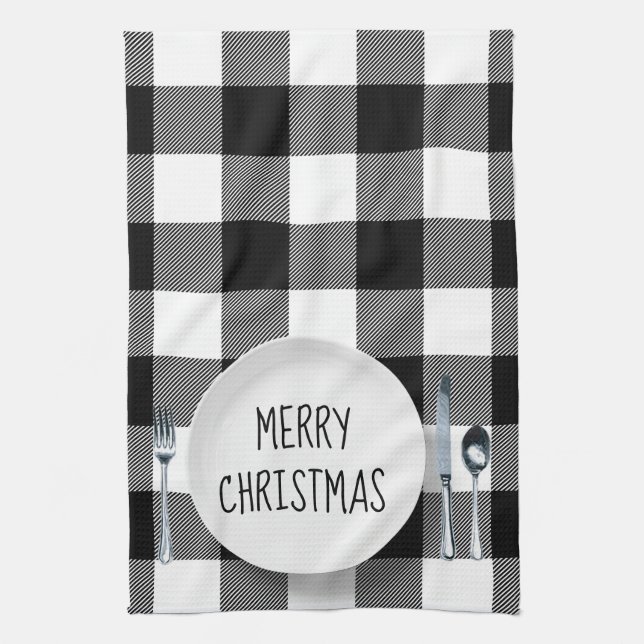 Christmas Plate On Buffalo Plaid Kitchen Towel (Vertical)