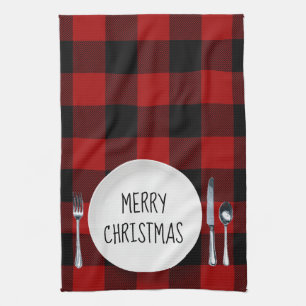 Christmas Plate On Buffalo Plaid Kitchen Towel