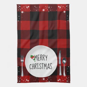 Christmas Plate On Buffalo Plaid Kitchen Towel