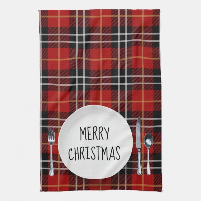Christmas Plate On Tartan Plaid Kitchen Towel (Vertical)