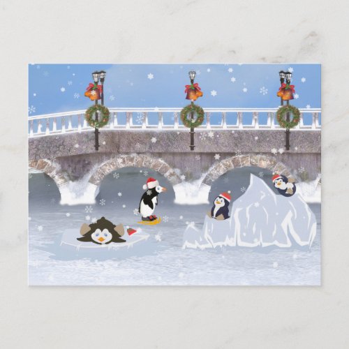 Christmas Playful Penguins on Frozen Lake Holiday Postcard