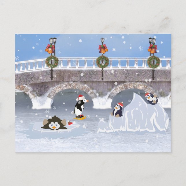 Christmas, Playful Penguins on Frozen Lake Holiday Postcard (Front)