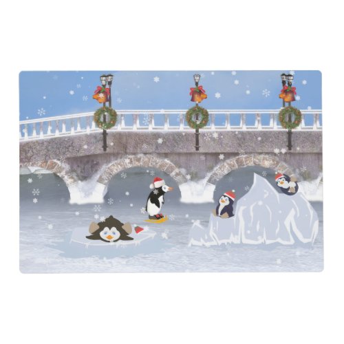 Christmas Playful Penguins on Frozen Lake Placemat