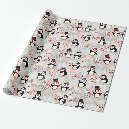 Christmas Playful Peppermint Penguins Wrapping Paper