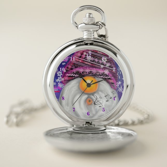 Christmas Pocket Watch Gnome In Purple Hat Sings  (Inside)