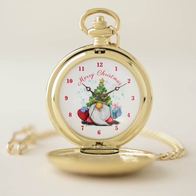 Christmas Pocket Watch Happy Gnome with Gift (Inside)
