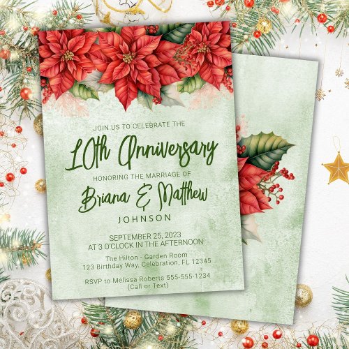 Christmas Poinsettia 10th Wedding Anniversary  Invitation