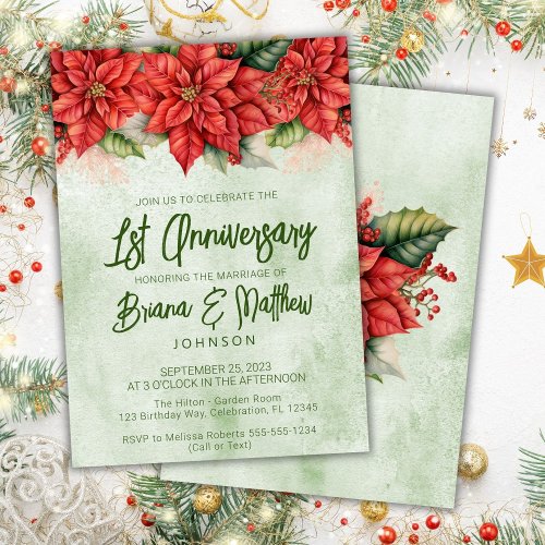 Christmas Poinsettia 1st Wedding Anniversary  Invitation