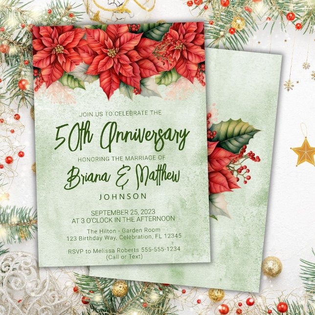 Christmas Poinsettia 50th Wedding Anniversary  Invitation (Creator Uploaded)