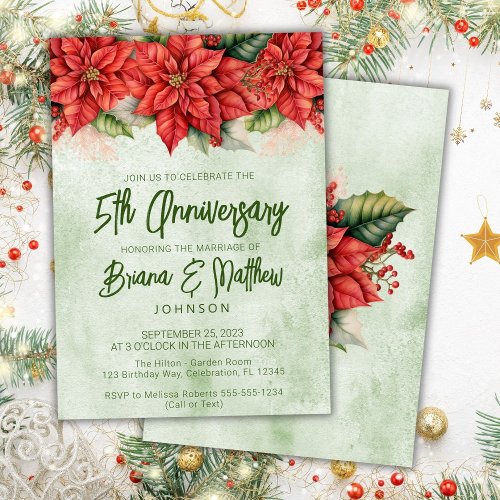 Christmas Poinsettia 5th Wedding Anniversary  Invitation