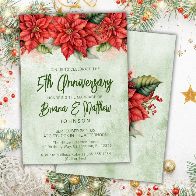 Christmas Poinsettia 5th Wedding Anniversary  Invitation (Creator Uploaded)
