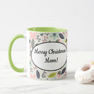 Christmas Poinsettia Acorns Gray Aqua Lime Green Mug