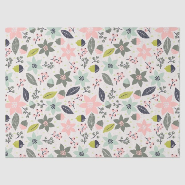 Christmas Poinsettia Acorns Gray Aqua Lime Green Tissue Paper (Front)
