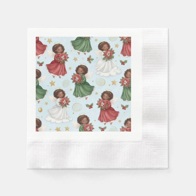 Christmas Poinsettia African American Angels Napkins (Front)