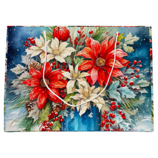 Christmas Poinsettia and Berries Bouquet Large Gift Bag