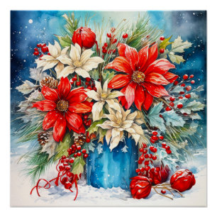 Christmas Poinsettia and Berries Bouquet Poster