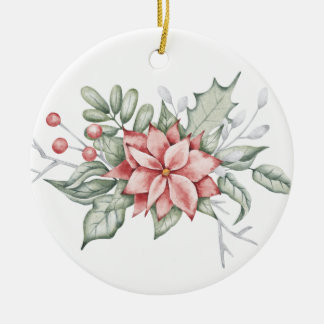 Christmas Poinsettia And Berries Ceramic Ornament