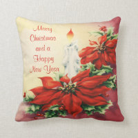 Christmas Poinsettia and Candle Throw Pillow