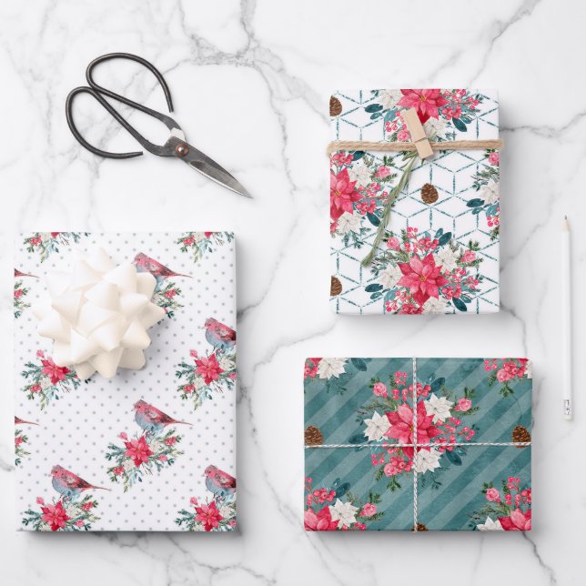 Christmas Poinsettia and Cardinal Red Wrapping Paper Sheets (Front)