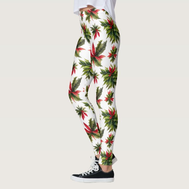 Christmas poinsettia and greenery pattern leggings (Left)