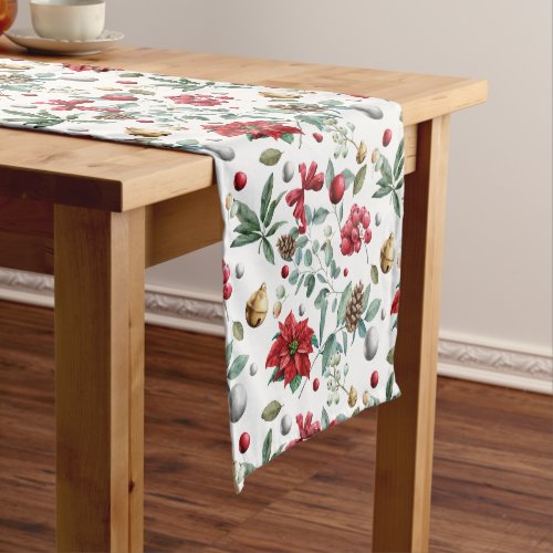 Christmas poinsettia and greenery pattern short table runner