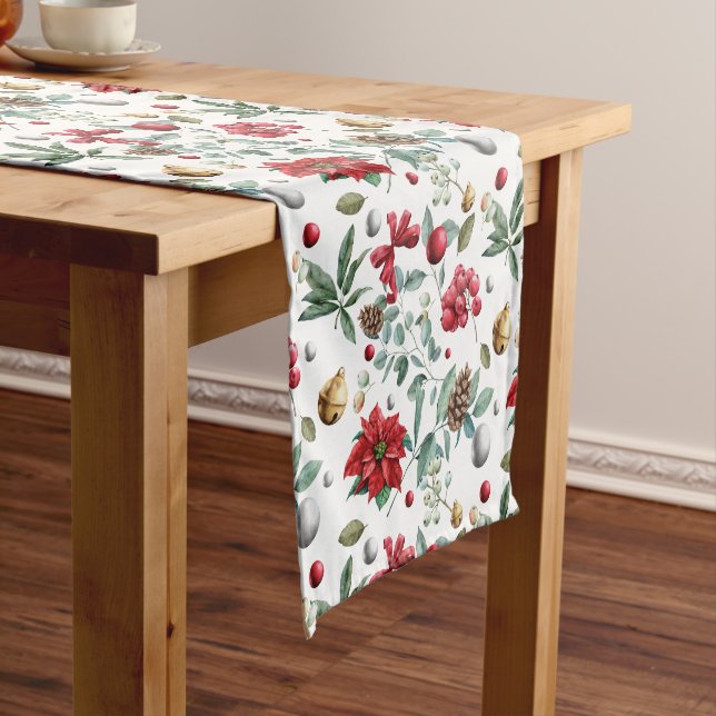 Christmas poinsettia and greenery pattern short table runner (In Situ)