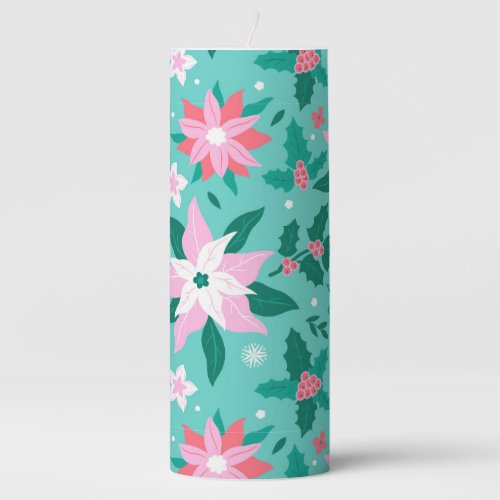 Christmas poinsettia and holly pattern pillar candle