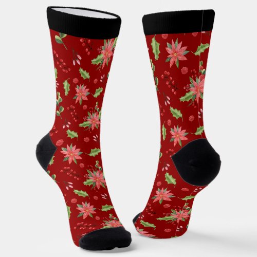 Christmas poinsettia and holly pattern socks