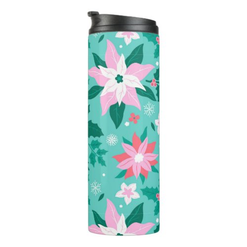 Christmas poinsettia and holly pattern thermal tumbler