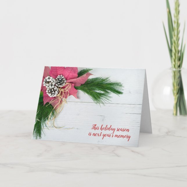 Christmas poinsettia and pine on wood holiday card (Front)