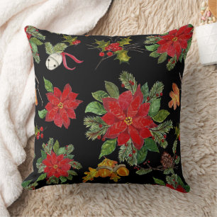 Christmas Poinsettia And Silver Bells Throw Pillow