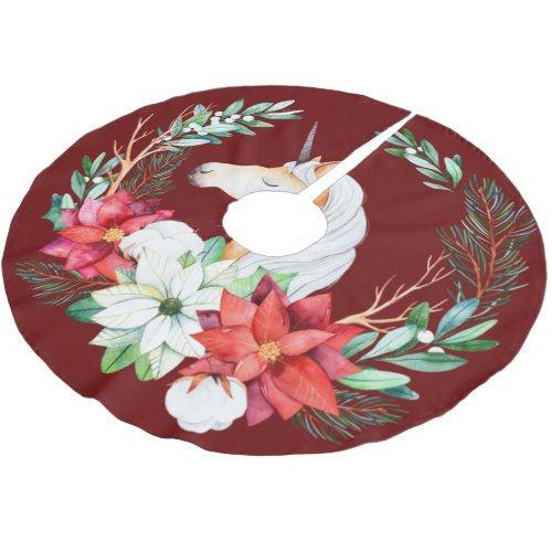 Christmas Poinsettia and unicorn wreath Brushed Polyester Tree Skirt