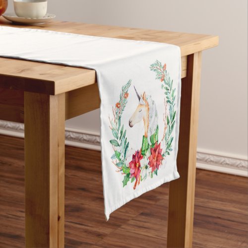 Christmas poinsettia and unicorn wreath short table runner