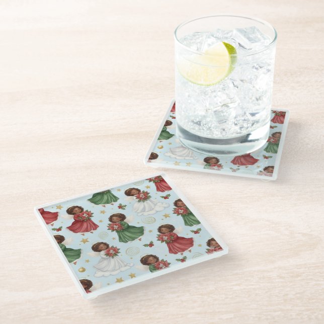 Christmas Poinsettia Angels Glass Coaster (Angled)