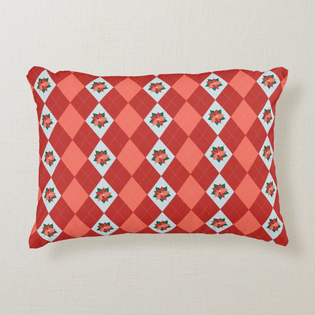 Christmas Poinsettia Argyle Accent Pillow (Front)