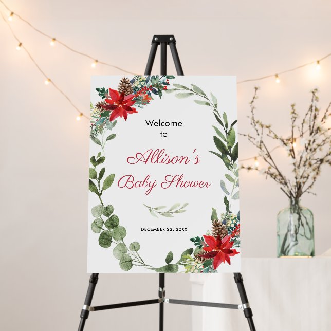 Christmas poinsettia baby shower welcome poster (In Situ (Stand))