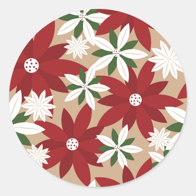 Christmas Poinsettia Background Classic Round Sticker (Front)