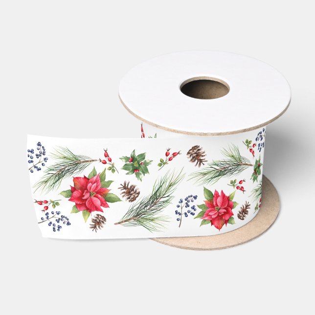 Christmas Poinsettia Berries and Branches Satin Ribbon (Spool)